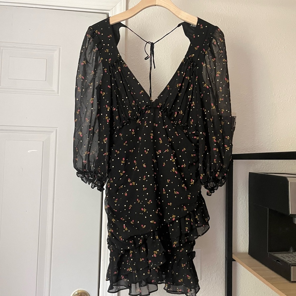 FOR LOVE‎ & LEMONS black star floral ruched ruffle puff long sleeve mini dress